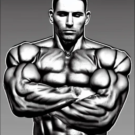 Image similar to a realistic detailed photo of a bodybuilder who is also a male android, Chris Redfield, shiny skin, posing robotically. blank stare