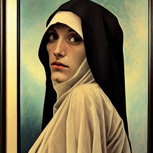 Image similar to a Masterpieces portrait of a skeleton nun in the style of Alphonse Mucha,Realistic style,oil on canvas