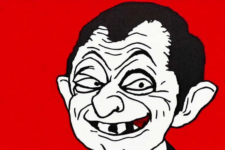 Image similar to red on white background ms paint doodle of group portrait of mr bean grey goblin looking funny looking smug