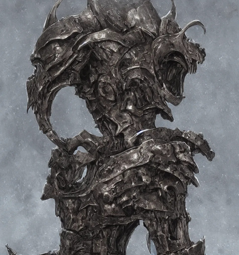 Image similar to closeup concept art of a medieval skull armor with skeletal features, art by HR Giger and Szukalski, sculpture by Hedi Xandt, gothic, highly detailed, artstation, octane rendering, wayne barlowe, dimly lit in dense fog above lava fields,