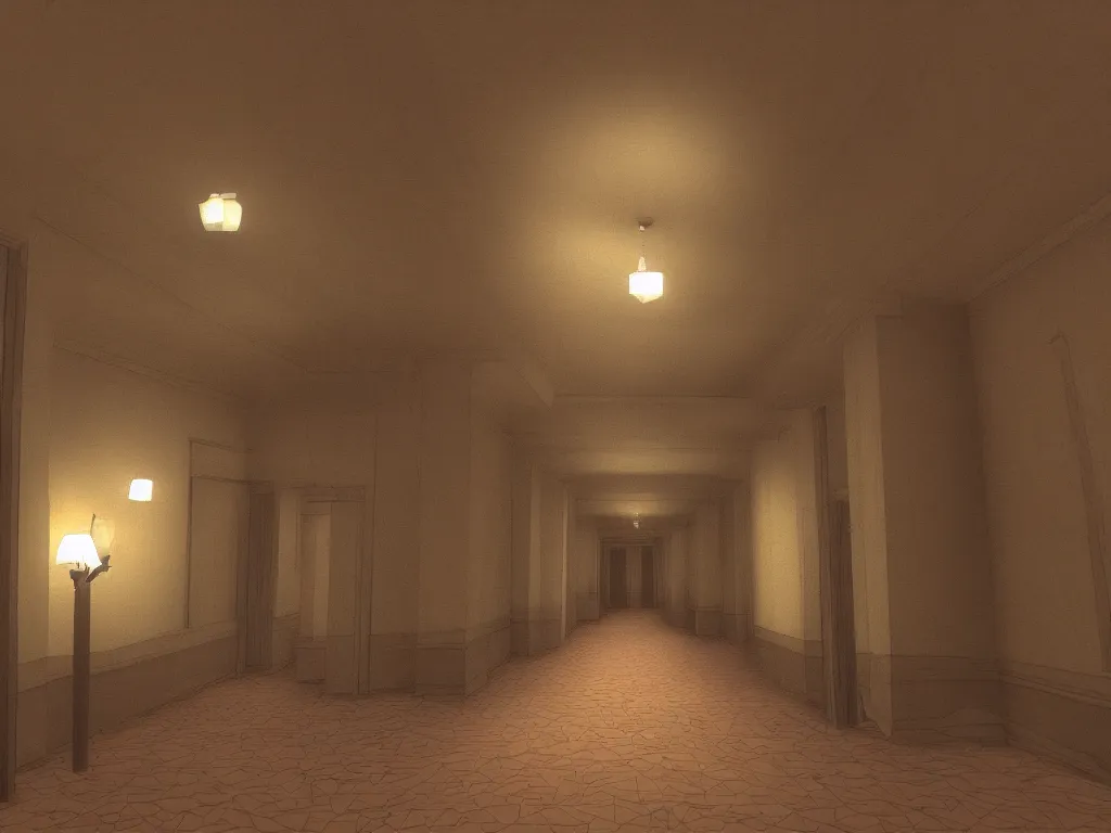 Prompt: The Shining Hotel corridor as a PS1 third person video game, low poly