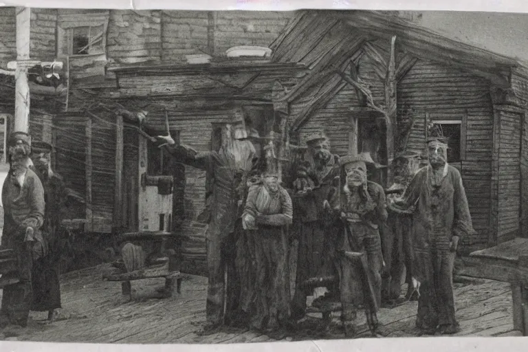 Prompt: port town of innsmouth villagers, eldritch, ominous, photorealistic, scary horror old photo