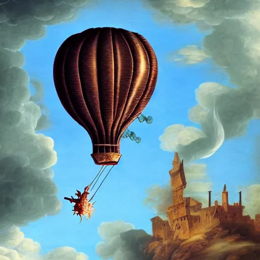 Image similar to baroque painting of a hot air balloon being attacked by a medieval flying dragon, extremely detailed, render, 4K