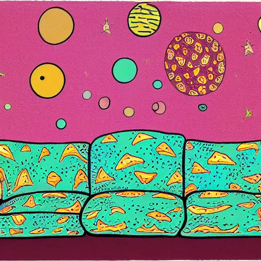 Image similar to psychedelic trippy couch pine forest planets milky way sofa cartoon by howard finster