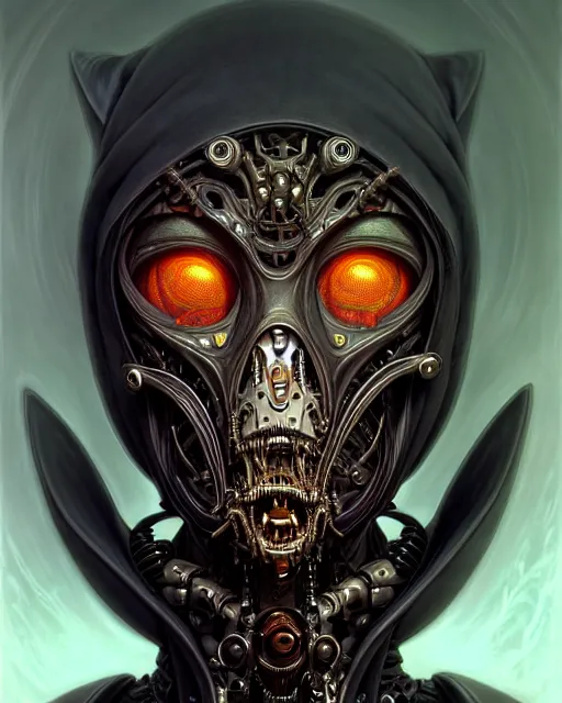 Image similar to front shot of a cyberpunk hooded dead biomechanical demon mastermind character, intricate, elegant, highly detailed, centered, (((artstation, concept art, smooth, sharp focus, artgerm, Tomasz Alen Kopera, Peter Mohrbacher, donato giancola, Joseph Christian Leyendecker, WLOP, Boris Vallejo))), mugshot!!!!!, ugly!!!!!!, octane render, nvidia raytracing demo, grainy, muted