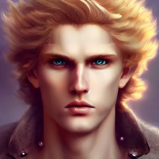 Prompt: digital art of a pale menacing male Cyborg Angel of Battle with fluffy blond curls of hair and piercing eyes, central composition, blond fringe over forehead, Center parted fringe, Center parted bangs, he commands the fiery power of resonance and wrath, very very long blond curly hair, baroque curls, by WLOP, Artstation, CGsociety