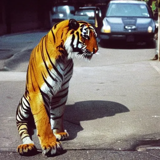 Prompt: 9 0 s photography of a tiger smoking pot in the streets