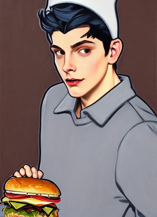 Prompt: oil painting, teenage jughead jones, wears a light grey crown, and devours a hamburger, wearing a light grey crown, intricate, elegant, closed eyes, highly detailed, pinocchio nose, lighting, painting, artstation, smooth, illustration, art by greg rutowski and alphonse mucha