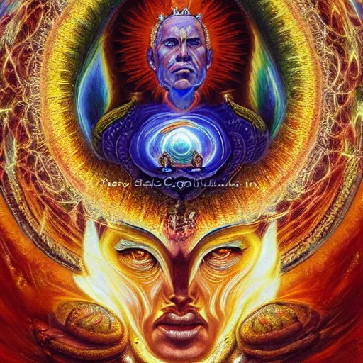 Prompt: the sacred fire spirit king of earth by GEOGLYPHIKS by FABIÁN JIMÉNEZ by MICHAEL DIVINE by AMANDA SAGE in the style of oil painting visionary art, intricate oil painting artwork. , trending on artstation, very coherent symmetrical artwork, oil painting