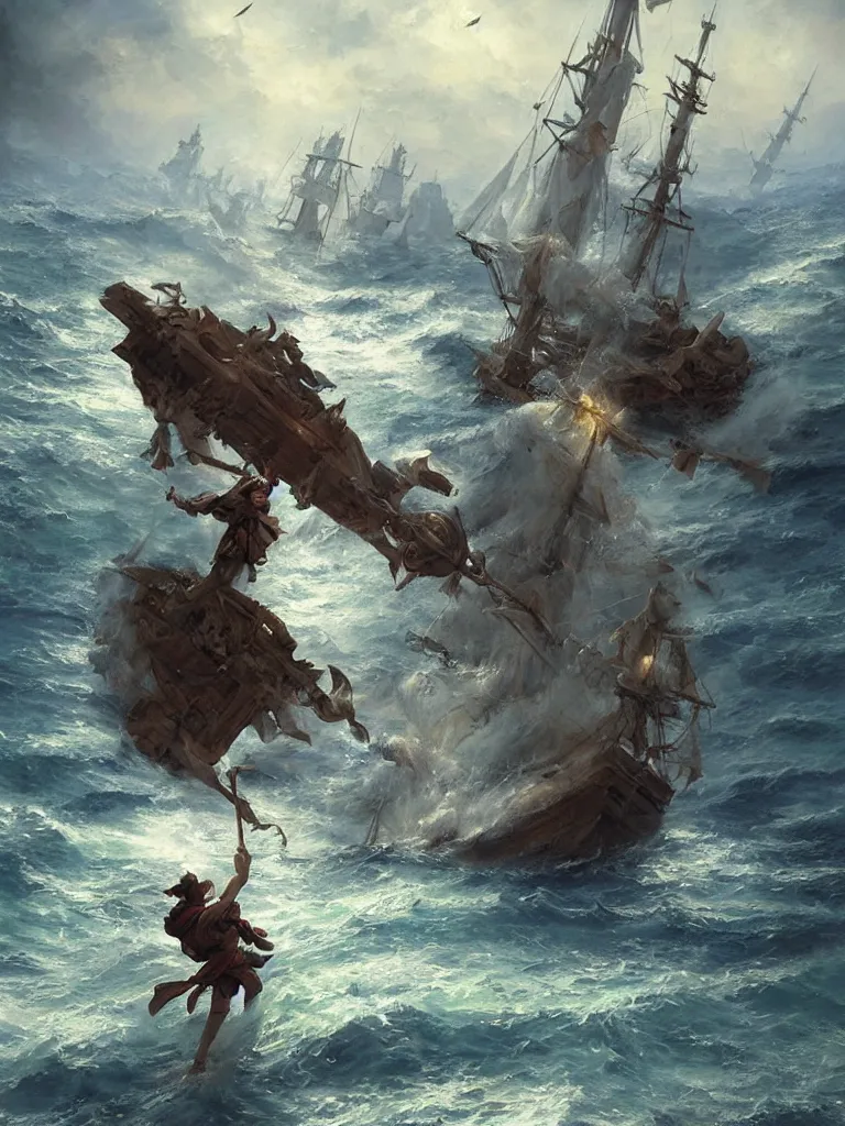 Prompt: sailor tossing an anchor overboard a ship in the baroque era, hearthstone art style, epic fantasy style art by Craig Mullins, fantasy epic digital art, epic fantasy card game art by Greg Rutkowski