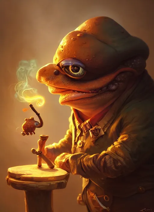 Image similar to cute toad alchemist smoking a wooden pipe, subsurface scattering, by jesper ejsing, justin gerard, tomasz alen kopera, cgsociety and fenghua zhong, highly detailed, rim light, cinematic lighting, illustration, art, octane render, very coherent, cinematic, hyper realism, high detail, octane render, 8 k