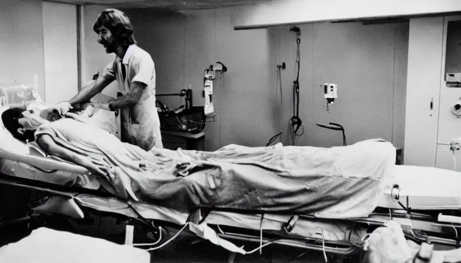 Image similar to 70s movie still of a ill skinny meat man in hospital, eastmancolor, heavy grain, high quality, higly detailed, liminal space