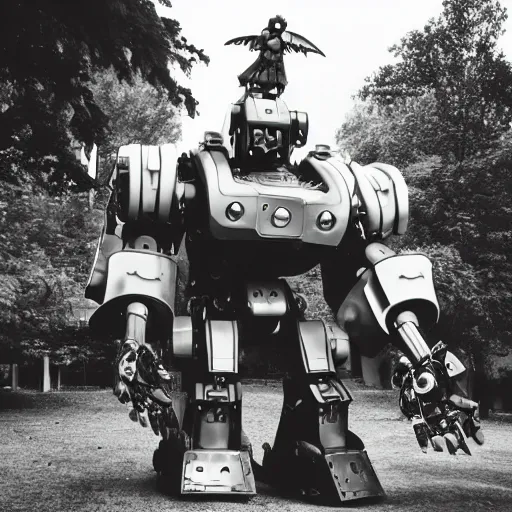 Image similar to giant oversized battle robot mech as giant baby on a village