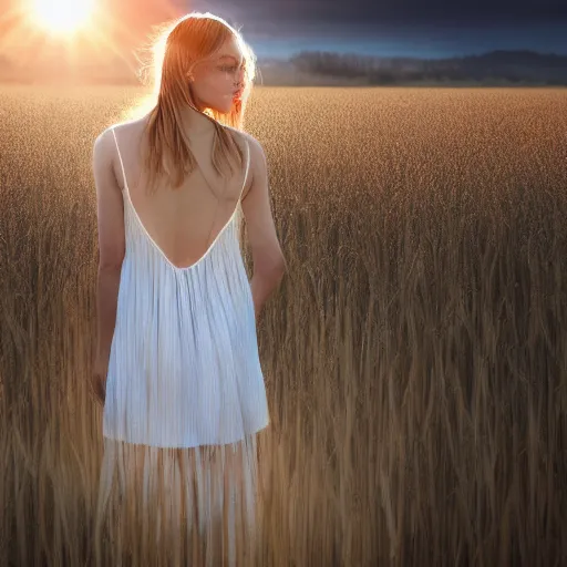 Image similar to close-up shot, a beautiful painting of a girl in a airy semi-transparent thin light dress standing in the glowing wheat fields, mystical setting, afternoon sun, long shadows, photo from the back, 135mm, trending on artstation