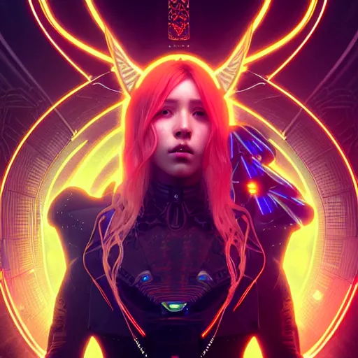 Image similar to portrait painting of cyberpunk solar mamamoo with a halo and devil horns, ultra realistic, concept art, intricate details, eerie, highly detailed, photorealistic, octane render, 8 k, unreal engine. art by artgerm and greg rutkowski and magali villeneuve and alphonse mucha