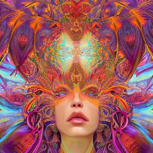 Image similar to A reality bending psychedelic ayahuasca experience, colorful, distorted, surreal, tropical bird feathers, dramatic lighting on the face, intricate lace, elegant fabric, highly detailed jewelry, digital painting, concept art, smooth, sharp focus, illustration, art by Krenz Cushart and Wayne Barlowe and alphonse mucha