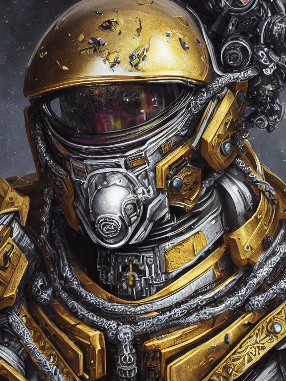 Prompt: portrait art of 8k ultra realistic space marine , ornate intricate smashed glass helmet , detailed intricate ornate armour,blade runner, cybernetic, full of colour, cinematic lighting, battered, trending on artstation, 4k, hyperrealistic, focused, extreme details,unreal engine 5, cinematic, masterpiece, art by ayami kojima, giger