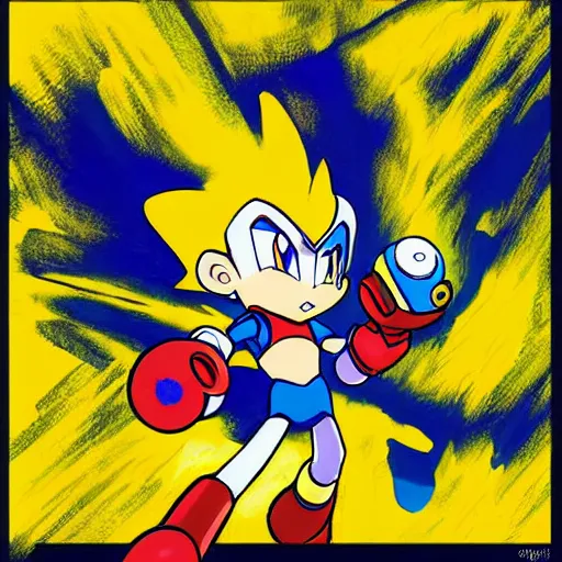 Image similar to Megaman X firing a yellow bubble at Sonic the Hedgehog, Splatter Paint style, Painted By Akihiko Yoshida