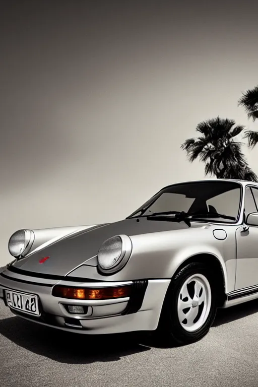 Image similar to Photo of a silver Porsche 911 Carrera 3.2, daylight, dramatic lighting, award winning, highly detailed, 1980s Versace ad, Fashion photography