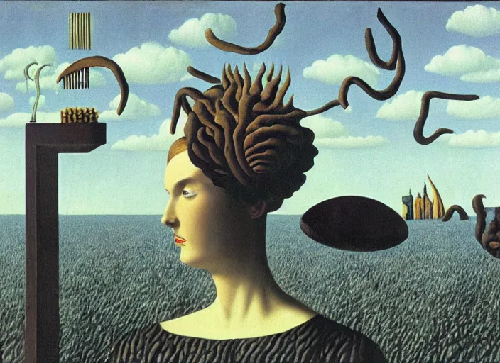 Image similar to eldritch goddess, maddening forbidden knowledge, flying comb, strange machine by rene magritte and salvadore dali