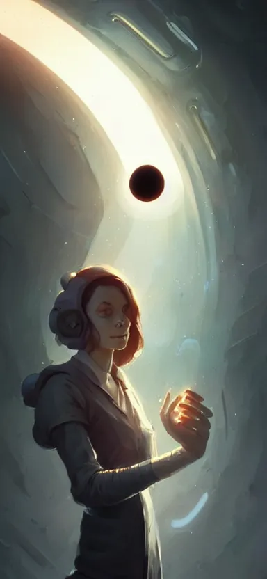 Image similar to a portrait art of a female scientist in a laboratory holding a black hole in her hands, style by jordan grimmer and greg rutkowski, concept art, stylised, elegant, illustration, high quality, highly detailed, long hair, digital art, pinterest