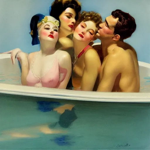 Prompt: three friends in a tub, art by edward mason eggleston, olivia, coby whitmore, rolf armstrong, wlop