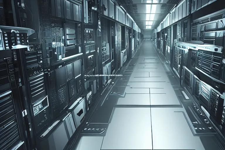 Image similar to parallax datacenter server room interior single mono colossus white rusty android guest robosaurus artstation cinematic detailed concept art sharp coherent cgsociety symmetric perfect well balanced shadows lotr swithes routers