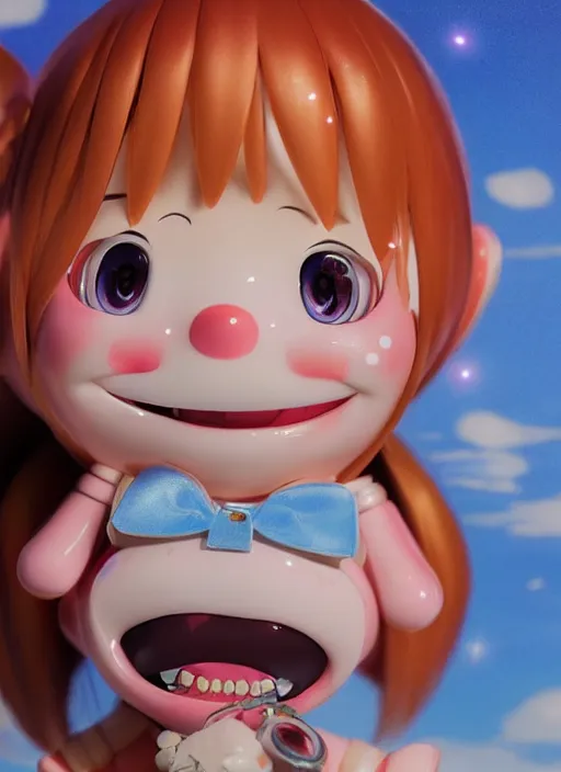 Prompt: a hyperrealistic oil panting of a looney kawaii vocaloid figurine caricature with a big dumb goofy grin, rosy cheeks with freckles, and pretty sparkling anime eyes featured on Wallace and Gromit by Makoto Shinkai