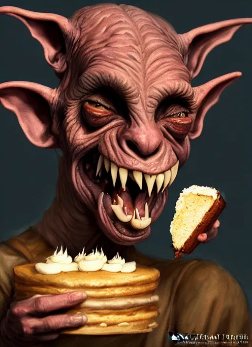 Image similar to profile face portrait of a medieval goblin eating cakes in the cloisters, beautiful face, hyper realistic, highly detailed, digital painting, artstation, illustration, concept art by hyung tae and frank frazetta, digital paint, matte paint, washed colors, dark, gloomy