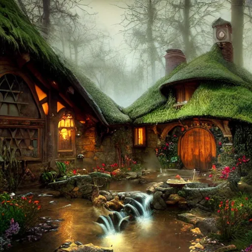 Image similar to hobbit in medieval hobbit house, ornate, beautiful, atmosphere, vibe, mist, smoke, fire, chimney, rain, wet, pristine, puddles, melting, dripping, snow, creek, lush, ice, bridge, forest, roses, flowers, by stanley artgerm lau, greg rutkowski, thomas kindkade, alphonse mucha, loish, norman rockwell