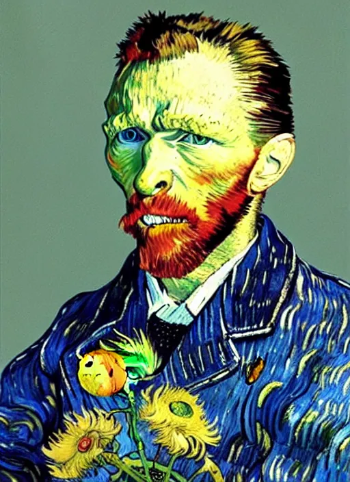 Prompt: hyper realistic painted vincent van gogh holding a flower drawn by chiara bautista and norman rockwell and greg rutkowski weta studio, and lucasfilm