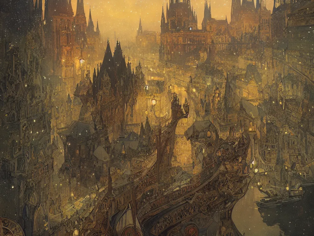Prompt: a view from the river of prague at night with the sky full of stars, intricate, elegant, highly detailed, digital painting, artstation, concept art, smooth, sharp focus, colored illustration for tattoo, art by krenz cushart and artem demura and alphonse mucha,