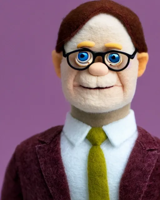 Image similar to dwight schrute as a muppet. highly detailed felt. hyper real photo. 4 k.