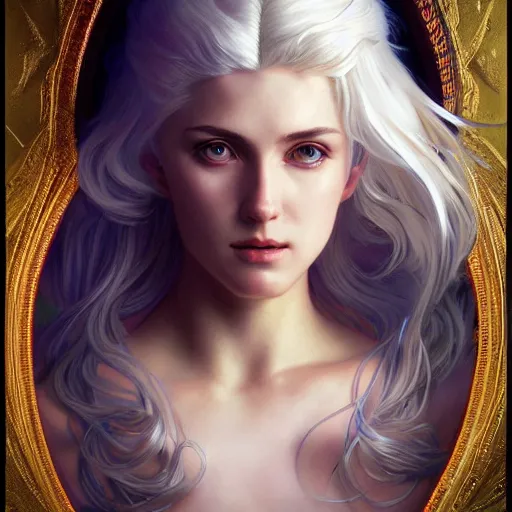 Image similar to god and goddess, white hair, long hair, gorgeous, amazing, elegant, intricate, highly detailed, digital painting, artstation, concept art, sharp focus, illustration, art by artgerm and greg rutkowski and alphonse mucha