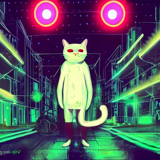 Image similar to a cat in an abandoned city with neon lights digital art trending on art station high quality