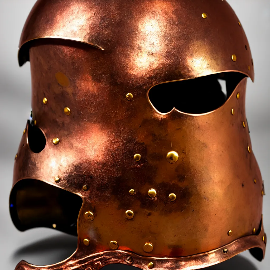 Image similar to a photo of a duel knight's helmet that is made of copper and gold, beautiful ornated details