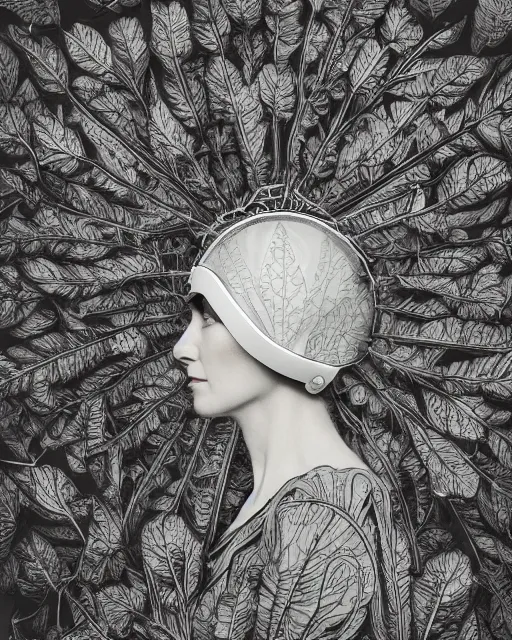Image similar to a woman's face in profile, wearing a vintage space helmet made of elaborate intricate delicate leaf skeleton, in the style of the dutch masters and gregory crewdson, dark and moody