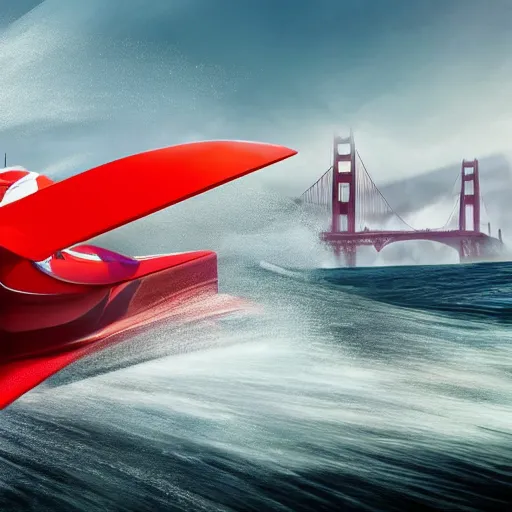 Prompt: concpet art featuring a futuristic red racing speedboat designed in the style of ferrari racing under the golden gate bridge. fine detail. surf. this 4 k hd image is trending on artstation, featured on behance, well - rendered, extra crisp, features intricate detail, epic composition and the style of unreal engine.