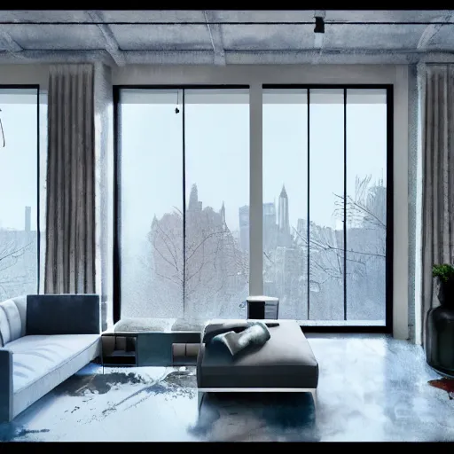 Image similar to modern loft overlooking central park in a blizzard, sketch over watercolor lines, artstation, pastels, octane, unreal engine, dynamic