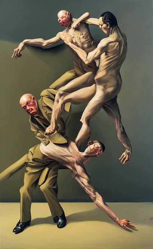 Prompt: Oil painting of two man in a business suit fighting each other by Lucian Freud, Abstract brush strokes, Masterpiece, Edward Hopper and James Gilleard, Zdzislaw Beksinski, Mark Ryden, Wolfgang Lettl highly detailed, hints of Yayoi Kasuma