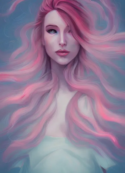 Prompt: digital painting, half body portrait, glowing woman, pink and grey clouds, flowing hair, by lois van baarle, by loish, trending on artstatio