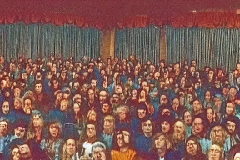 Image similar to vhs footage of a room of people staring at a live demon