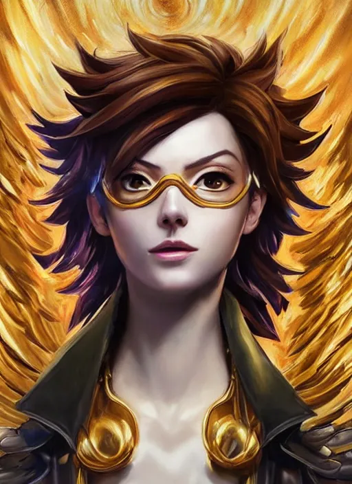 Prompt: full body oil painting of tracer overwatch in the style of charlie bowater, angel wings, dramatic painting, symmetrical composition, ornate, golden chains, silky garment, high detail, gold detailed collar!!!!!, blooming, angelic, lights, flowers, heavenly, bright, detailed face,