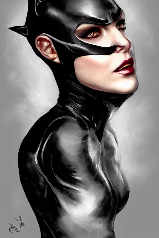 Image similar to beautiful aesthetic portrait of Catwoman from Batman returns crawling toward viewer by wlop and Julia Razumova, headshot, deviantArt, trending on artstation, artstation HQ