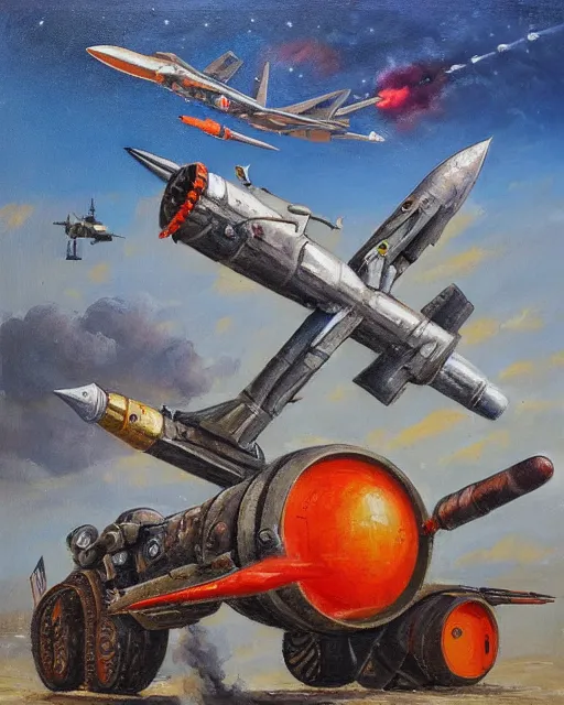 Image similar to portrait of a sukhoi mech armed with rockets and a minigun, oil painting, soviet airplane, tribal yurta, postapocalyptic