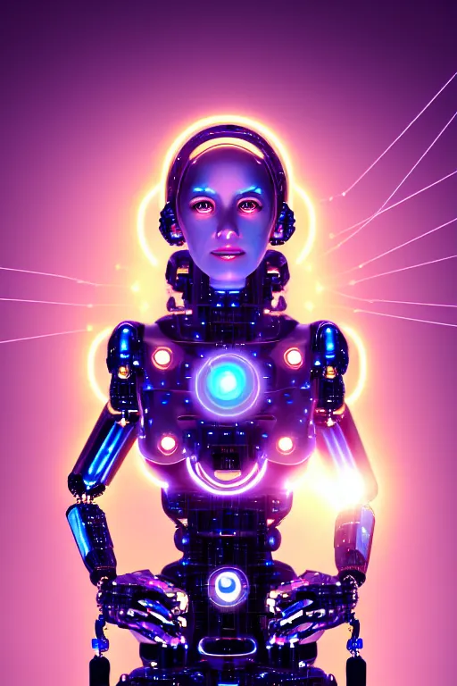 Image similar to portrait of the goddess of artificial intelligence as a half robotic beautiful girl, in front of a shining orb of data, threads of light in the background, detailed eyes, extremely high quality artwork, very detailed, trending on artstation