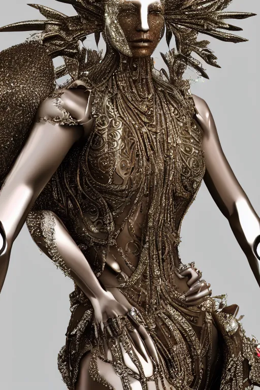 Prompt: a highly detailed metahuman 4 k render close up of a divine alien goddess bella hadid in iris van herpen dress schiaparelli in diamonds swarovski and jewelry in style of alphonse mucha trending on artstation made in unreal engine 4