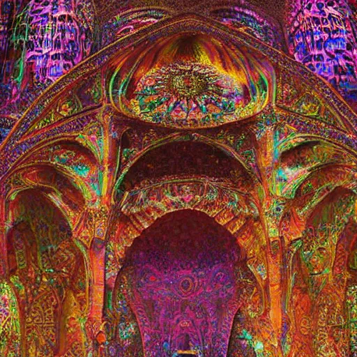 Image similar to cosmic cathedral created by the gods, intricate muqarnas, beautiful colors, bold architecture, detailed, 4 k