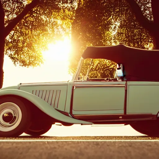 Prompt: cat cruising in a cabriolet, golden hour, front top side view, idyllic setting