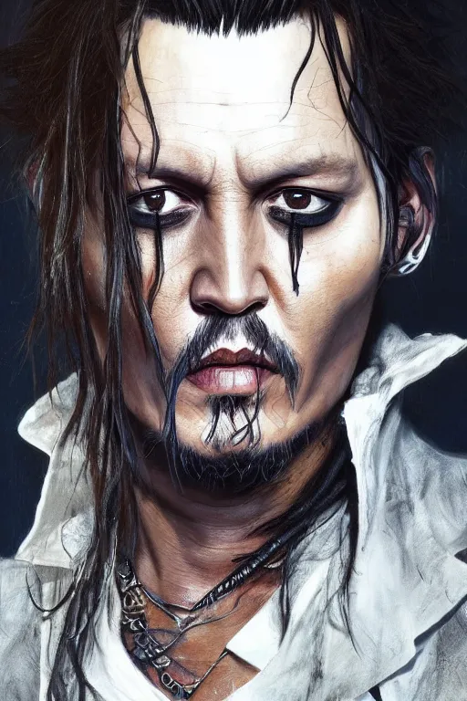 Image similar to Portrait of johnny depp as quincy from bleach, dark, intricate, highly detailed, smooth, artstation, digital illustration by Ruan Jia and Mandy Jurgens and Artgerm and Wayne Barlowe and Greg Rutkowski and Zdislav Beksinski